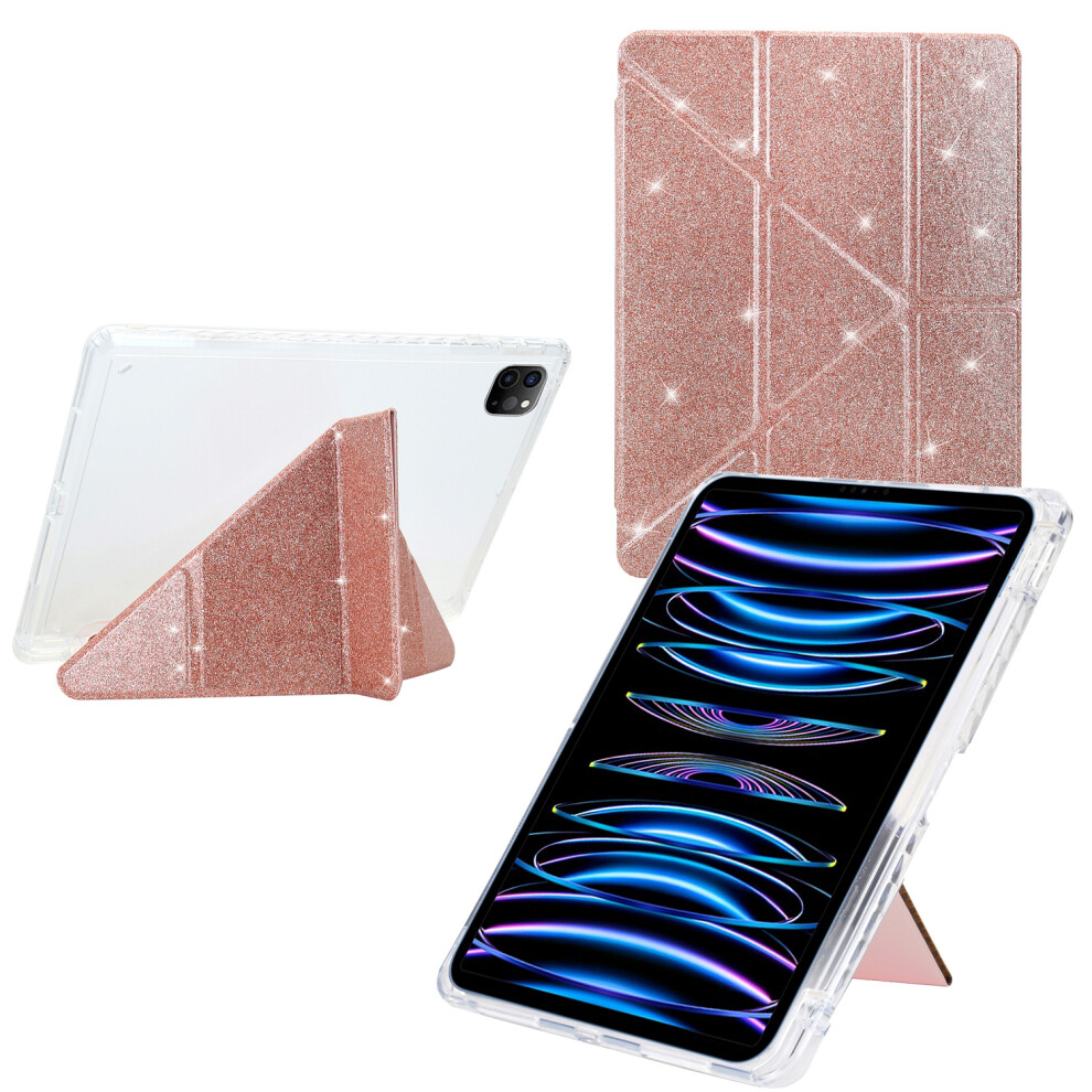 (Rose ) Tablet Case For Ipad Pro 12.9 (2022) / (2021) / (2020) / (2018) Y-Fold Stand Glitter Leather Tpu Acrylic Clear Cover Gold 6914281147450