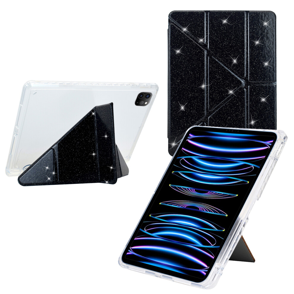 (Black) Tablet Case For Ipad Pro 12.9 (2022) / (2021) / (2020) / (2018) Y-Fold Stand Glitter Leather Tpu Acrylic Clear Cover Black 6914285680335