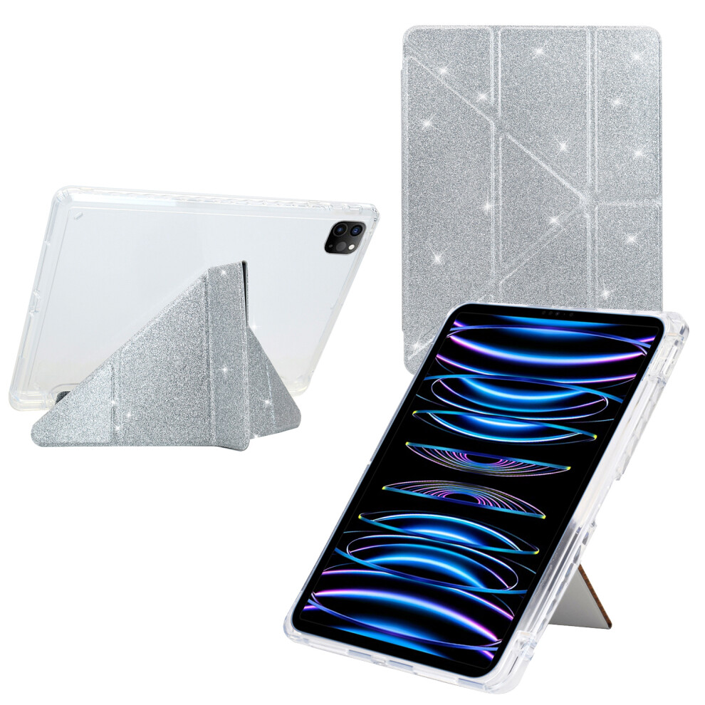 (Silver) Tablet Case For Ipad Pro 12.9 (2022) / (2021) / (2020) / (2018) Y-Fold Stand Glitter Leather Tpu Acrylic Clear Cover Silver 6914286744852