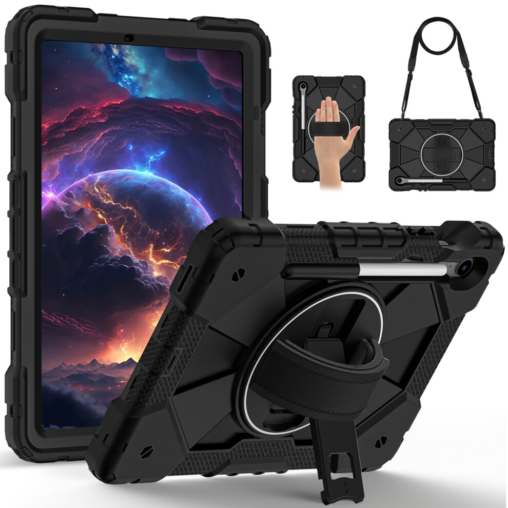 ( / ) For Samsung Galaxy Tab S10 Lite / S10 Fe / S9 Fe / S9 Case Silicone + Pc Kickstand Tablet Cover With Handy Strap Black 6914287973473
