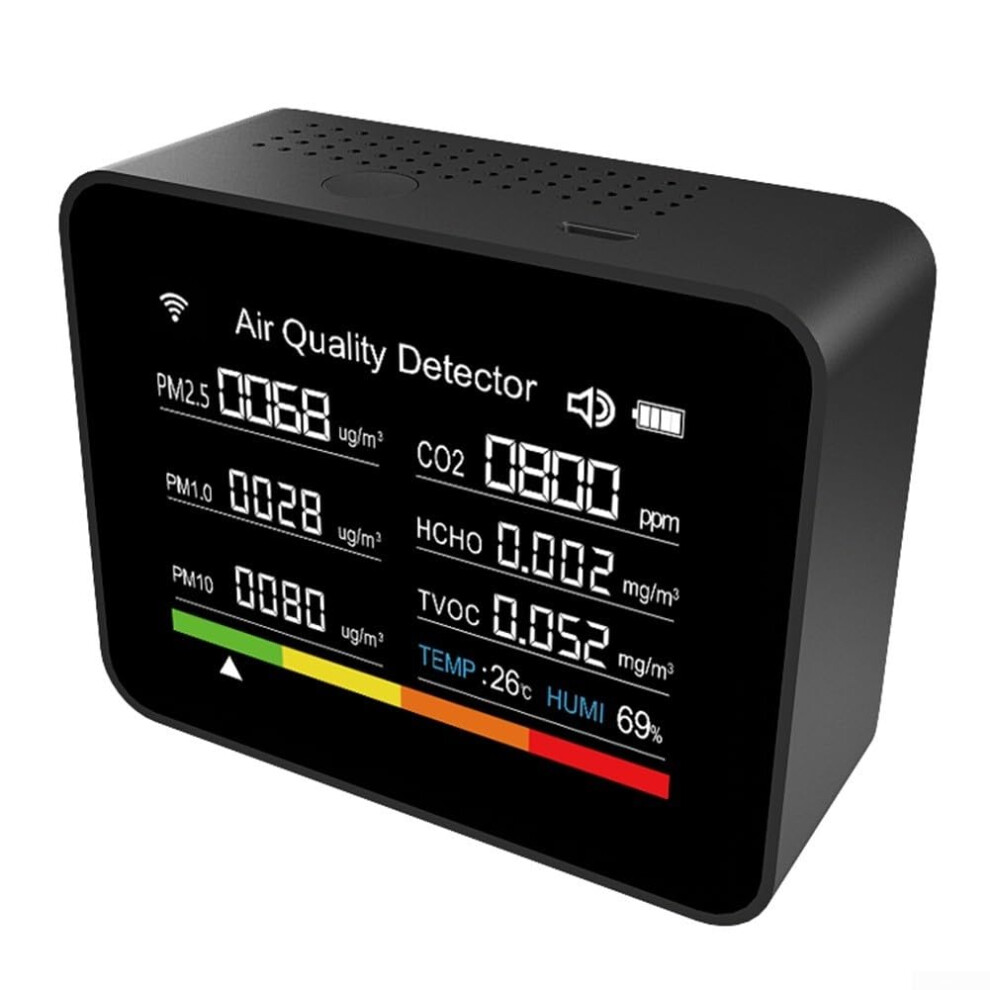 Black Wifi Indoor Air Quality Monitor With Pm2.5 Pm10 Tvoc Hcho Aqi, Temperature Humidity Sensor, App Control,