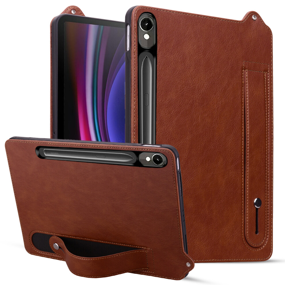 (Brown) Leather Case For Samsung Galaxy Tab S10 Fe / S9 / S9 Fe / S8 / S7 Hand Strap Kickstand Tablet Cover Brown 6914286948656