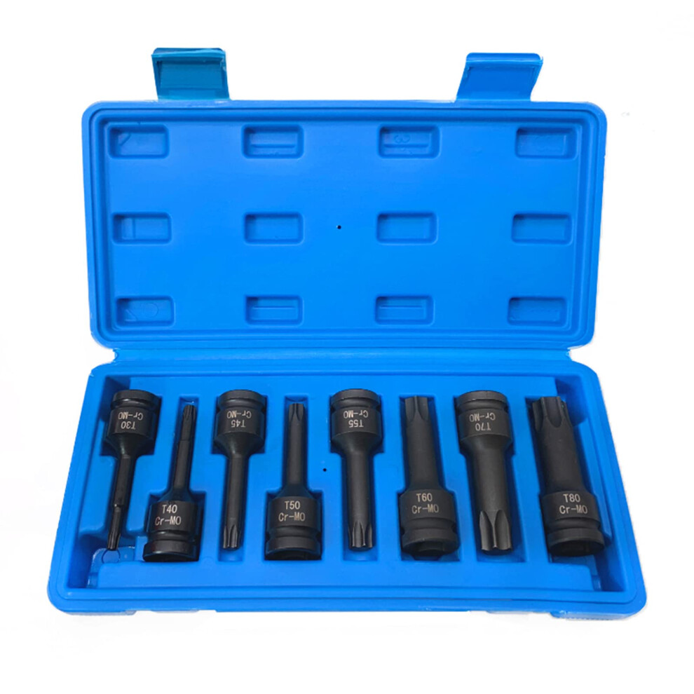 1/2In Drive Impact Torx Star Bit Socket Sets Includes T30, T40, T45, T50, T55, T60, T70, T80 For Automotive 9365049250184