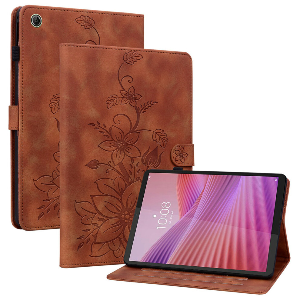 (Brown) For Lenovo Tab K9 Case Lily Flower Imprint Card Slots Leather Tablet Cover Brown 6914285143496