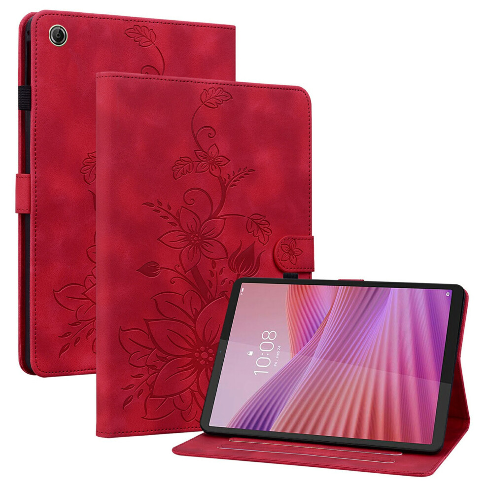 (Red) For Lenovo Tab K9 Case Lily Flower Imprint Card Slots Leather Tablet Cover Red 6914288263092