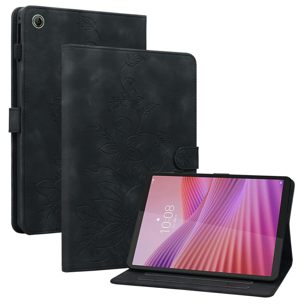 (Black) For Lenovo Tab K9 Case Lily Flower Imprint Card Slots Leather Tablet Cover Black 6914284965419