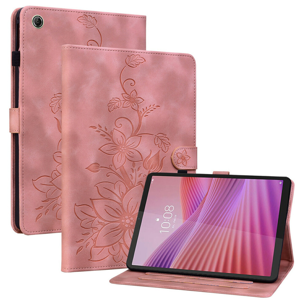 (Pink) For Lenovo Tab K9 Case Lily Flower Imprint Card Slots Leather Tablet Cover Pink 6914286136619