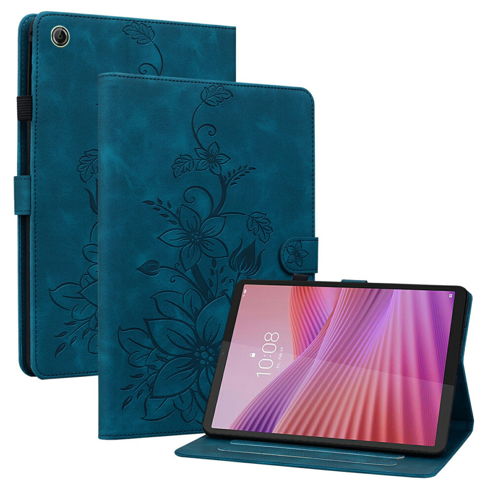 (Blue) For Lenovo Tab K9 Case Lily Flower Imprint Card Slots Leather Tablet Cover Blue 6914289544381