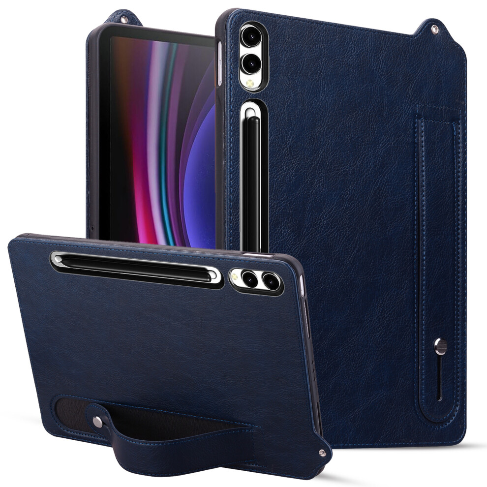 (Blue) For Samsung Galaxy Tab S10 Ultra / S9 Ultra / S8 Ultra Case Hand Strap Kickstand Leather Tablet Cover Blue 6914280746760
