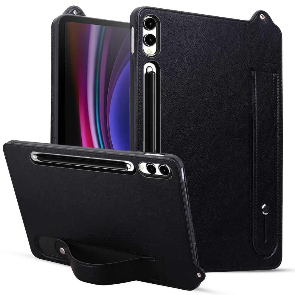 (Black) For Samsung Galaxy Tab S10 Ultra / S9 Ultra / S8 Ultra Case Hand Strap Kickstand Leather Tablet Cover Black 6914288294447