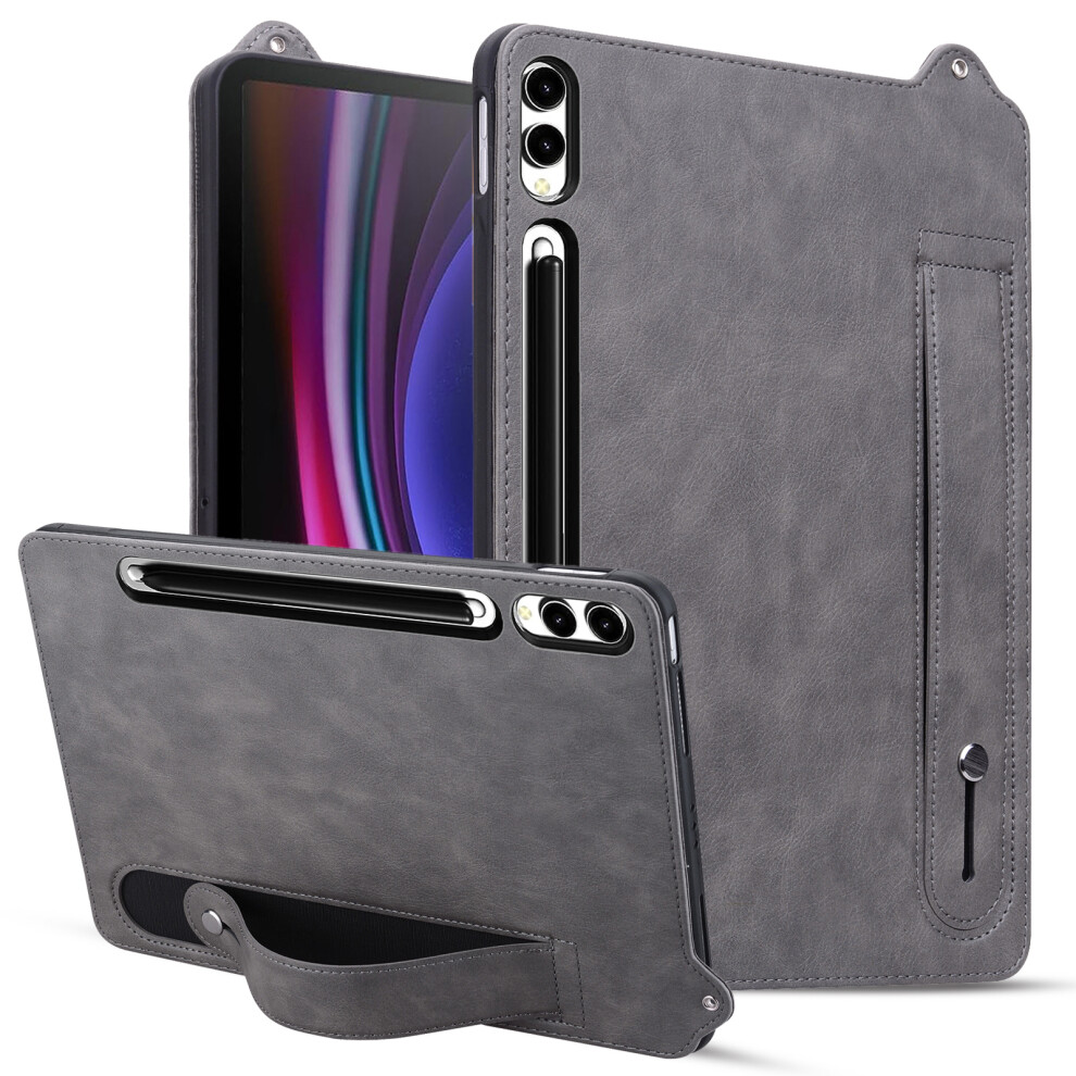 (Grey) For Samsung Galaxy Tab S10 Ultra / S9 Ultra / S8 Ultra Case Hand Strap Kickstand Leather Tablet Cover Grey 6914287867321