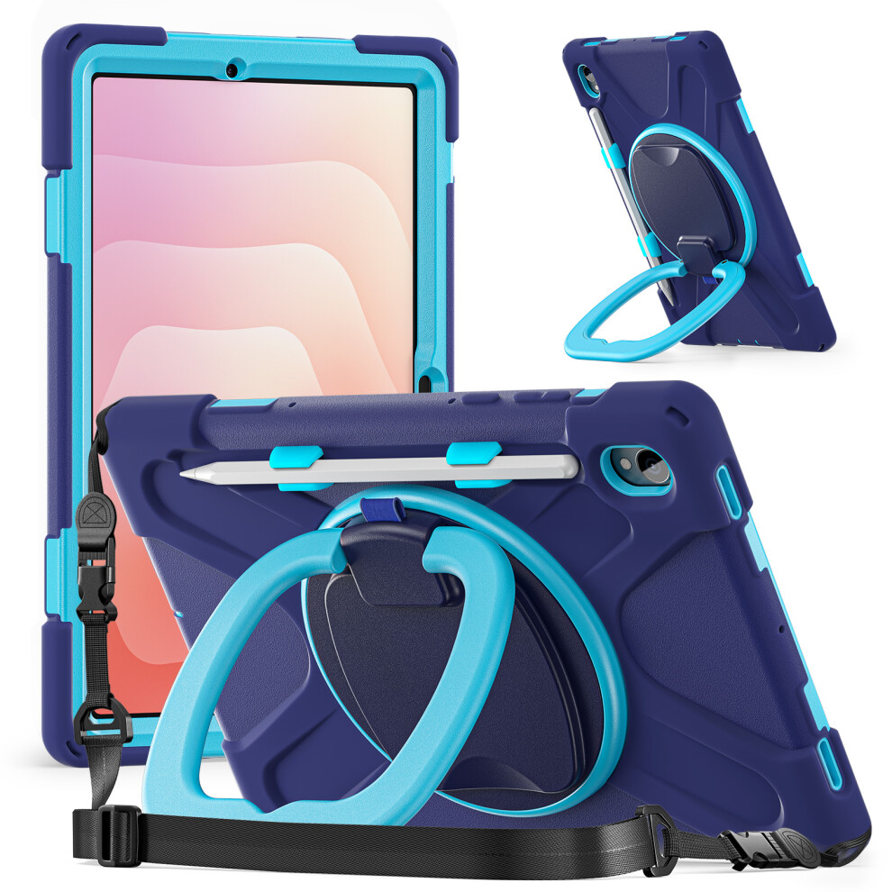 (Navy ) For Samsung Galaxy Tab S11 X730 / X736 / X736b Kickstand Case With Shoulder Strap Tpu + Pc + Silicone Tablet Cover Blue 6914288578899