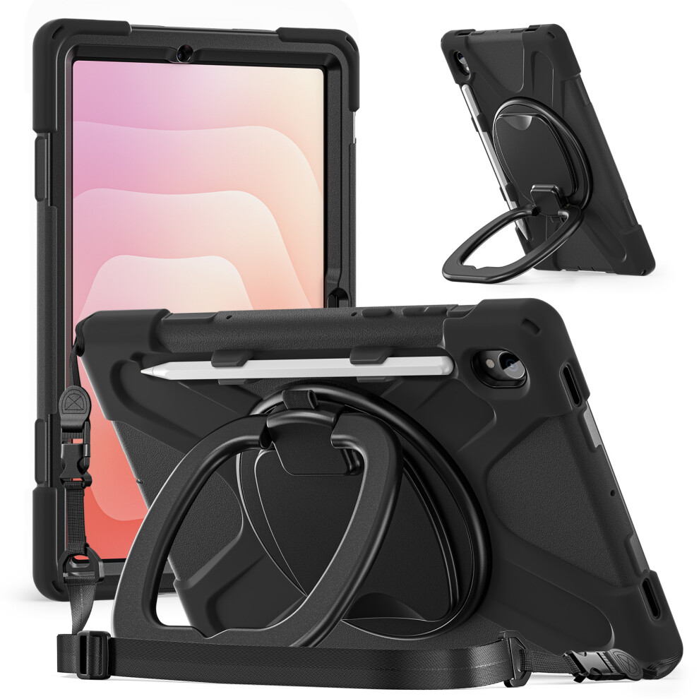 (Black) For Samsung Galaxy Tab S11 X730 / X736 / X736b Kickstand Case With Shoulder Strap Tpu + Pc + Silicone Tablet Cover Black 6914285265174