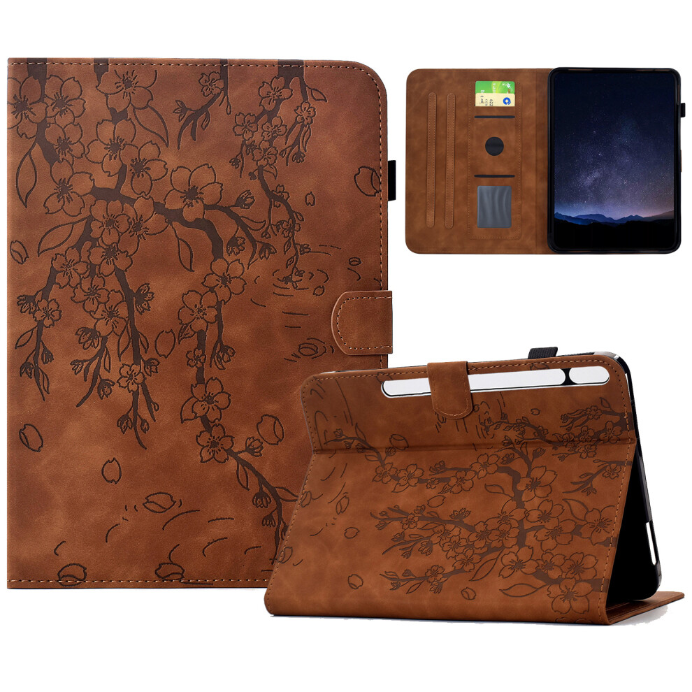 (Brown) For Samsung Galaxy Tab S8 / S7 Case Imprinted Plum Blossom Stand Card Slots Leather Tablet Cover With Auto Sleep / Wake Brown,Purple 6914287199781