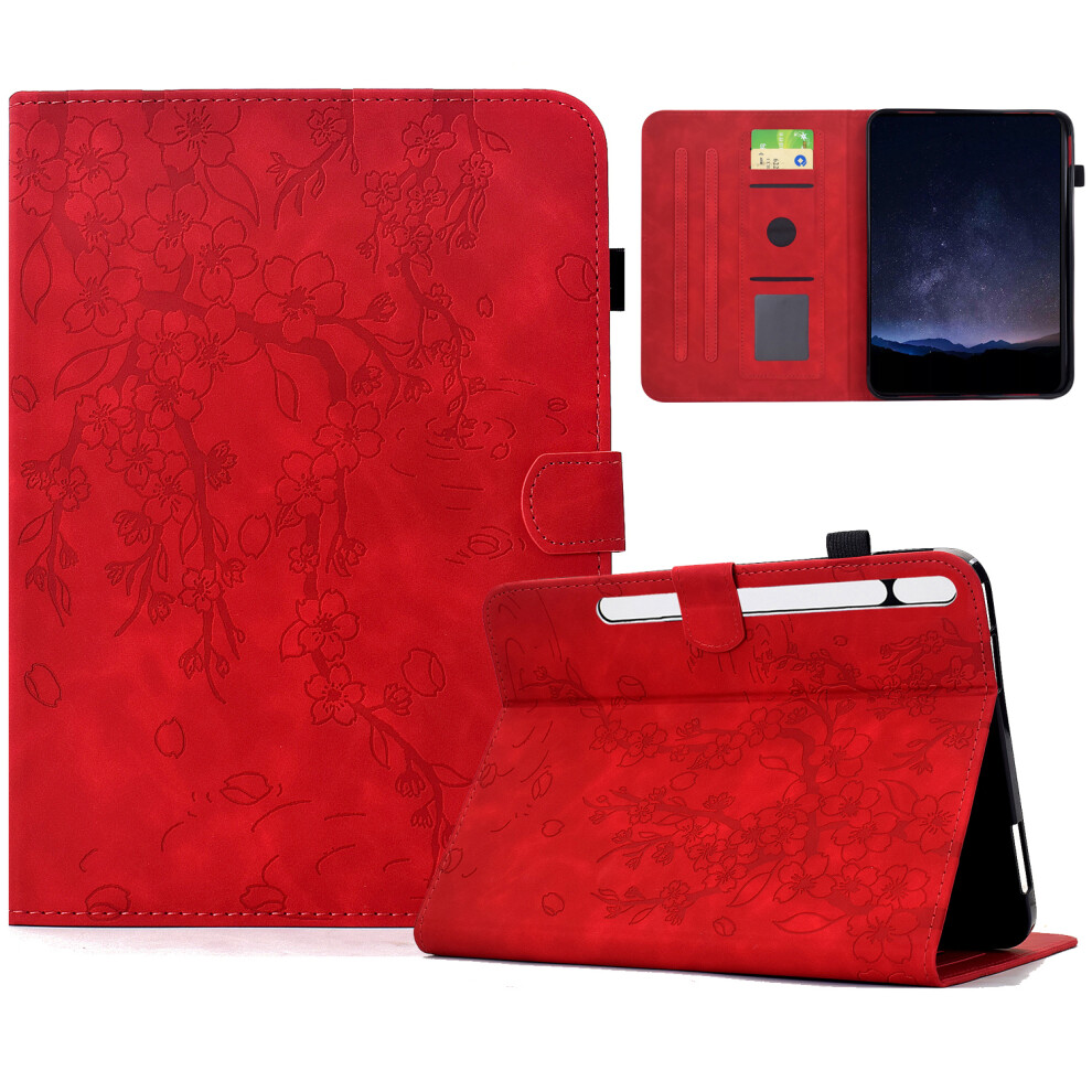 (Red) For Samsung Galaxy Tab S8 / S7 Case Imprinted Plum Blossom Stand Card Slots Leather Tablet Cover With Auto Sleep / Wake Red,Purple 6914285490453