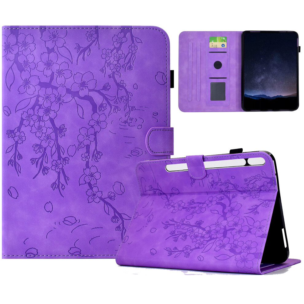 (Light ) For Samsung Galaxy Tab S8 / S7 Case Imprinted Plum Blossom Stand Card Slots Leather Tablet Cover With Auto Sleep / Wake Purple 6914287786431