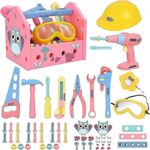 Girls' Pretend Play Construction Tool Set with Hat, Tool Box, Tape Measure, Drill, Hammer