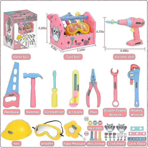 Girls' Pretend Play Construction Tool Set with Hat, Tool Box, Tape Measure, Drill, Hammer 1
