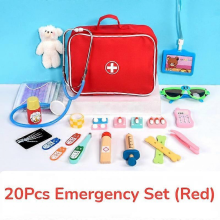 Emergency Red 20Pcs Medical Pretend Play Kit for Kids, Doctor Dentist Toy Set with Wooden Medicine & Cloth Bag