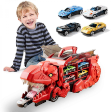 Red Dinosaur Truck Toys with Race Track Set, 4 Cars & City Hauler for Boys 3-8 Years Old