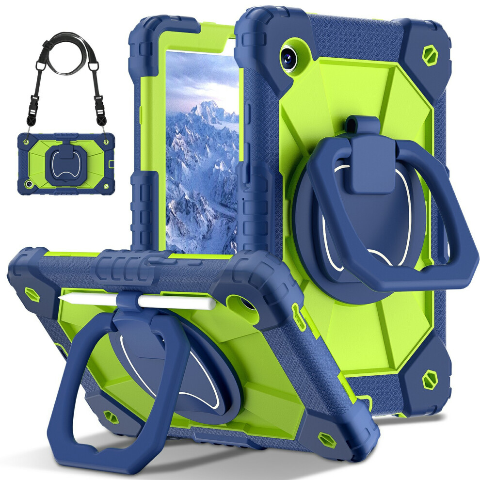 (Navy / Yellowgreen) For Samsung Galaxy Tab A11 Case Silicone + Pc Hand Grip Kickstand Tablet Cover With Shoulder Strap Blue 6914280071305