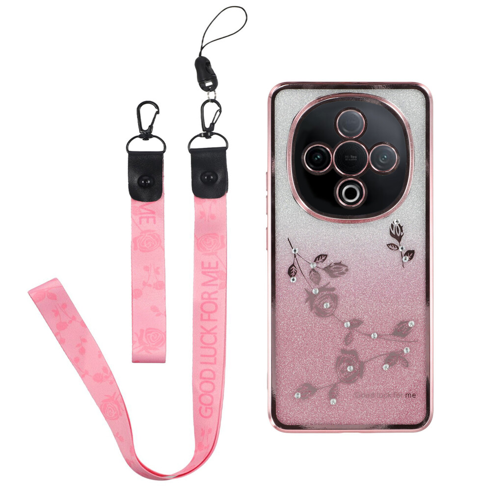(Rose ) For Vivo Y300 5G Case Flower Pattern Tpu Gradient Phone Cover With Lanyards Gold 6914283388073