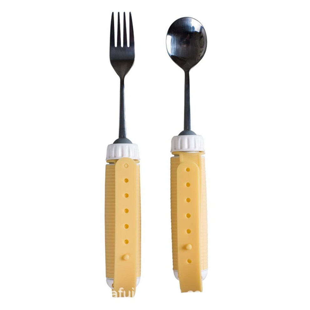 Adaptive Eating Aid Utensils Hand Strap Rotating EasyGrip Spoon Fork Bowl Set AntiShake Elderly Parkinsons 2Piece