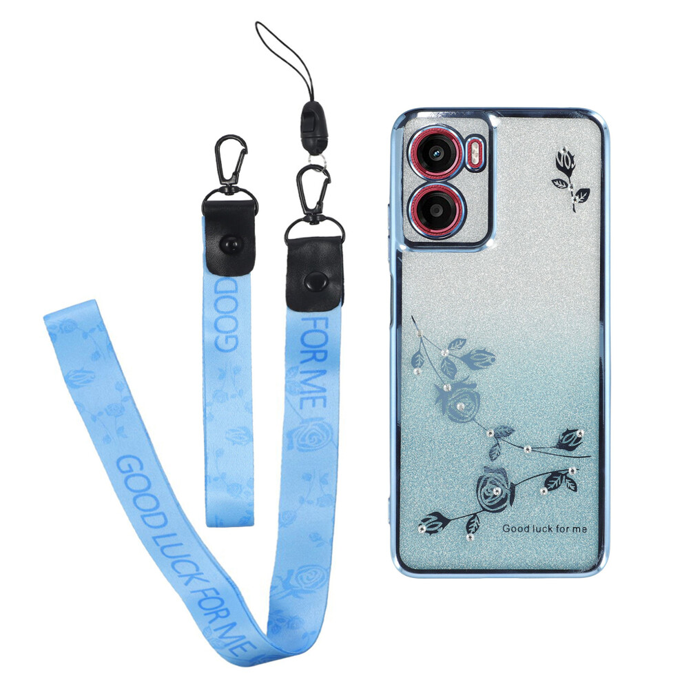 (Blue) For Motorola Moto G05 4G / E15 4G Case Flower Pattern Tpu Gradient Phone Cover With Lanyards Blue 6914287848177