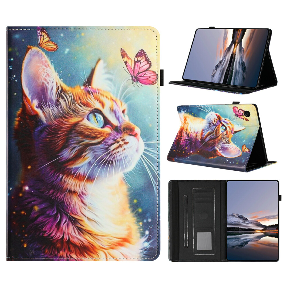(Cat) Litchi Painting Leather Case For Samsung Galaxy Tab A11 / A9 Card Slot Tablet Cover With Auto Wake / Sleep Grain 6914287984189