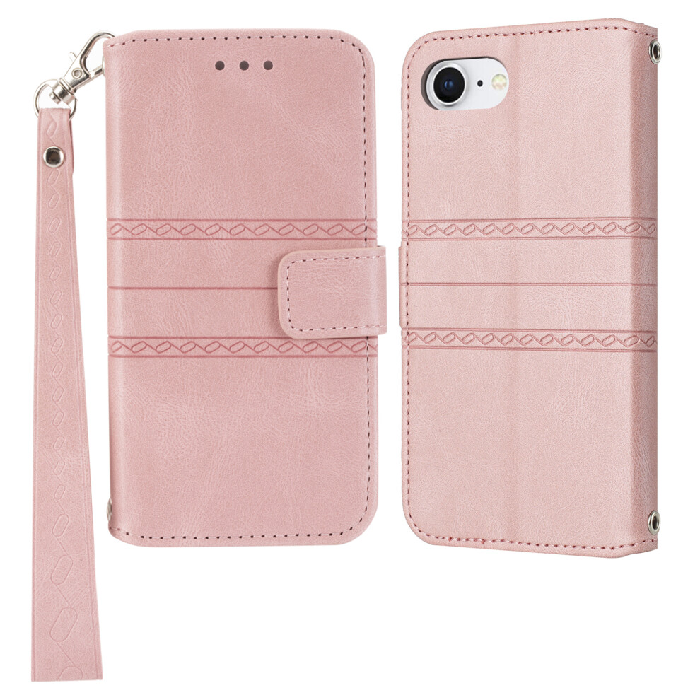(Pink) For Iphone 16E Case Wallet Skin-Touch Leather Imprinted Phone Cover Pink 6914288436816