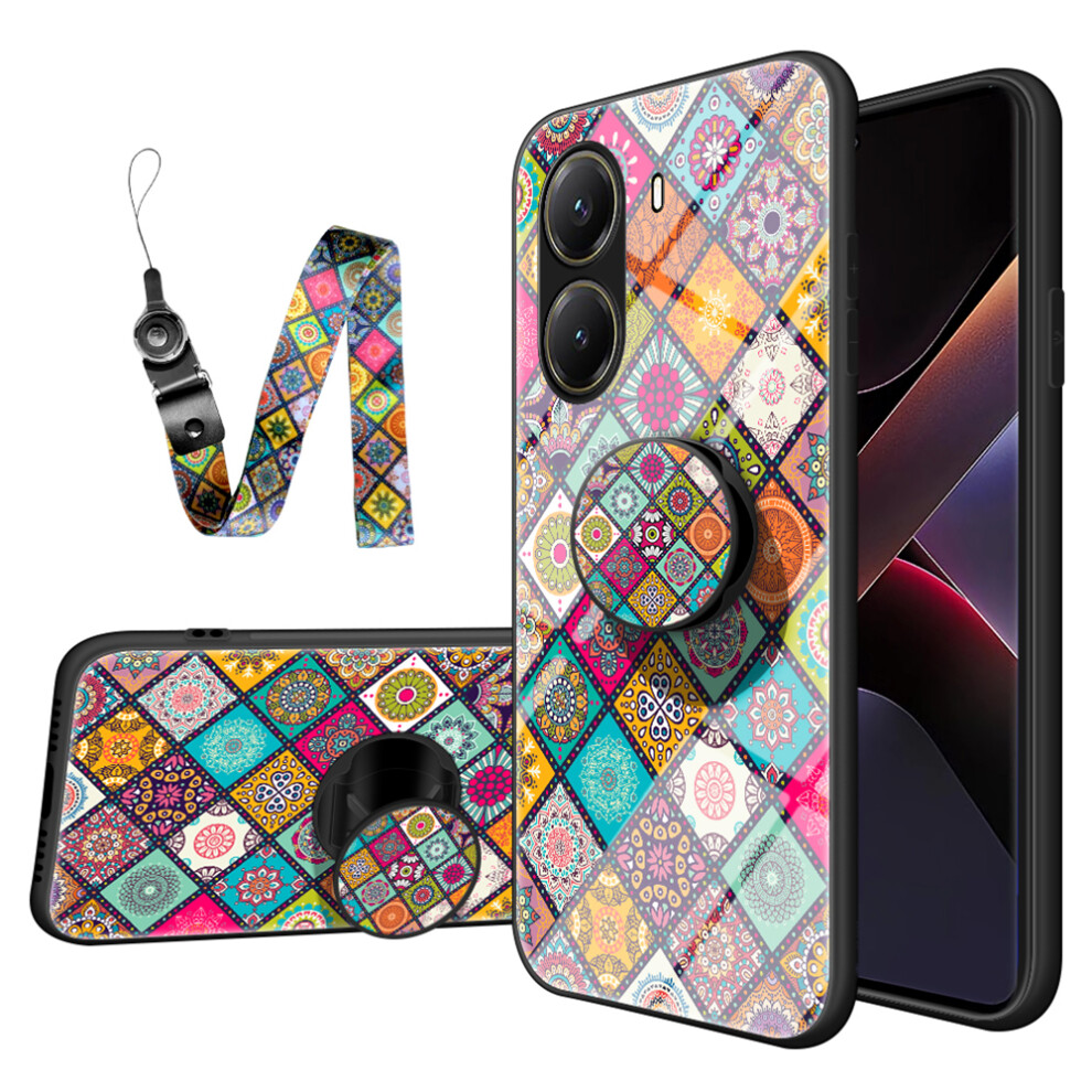 (Checkered Pattern) For Xiaomi Poco X7 Pro 5G / Redmi Turbo 4 5G Case Kickstand Ethnic Pattern Tempered Glass Phone Cover With Strap 6914283736737