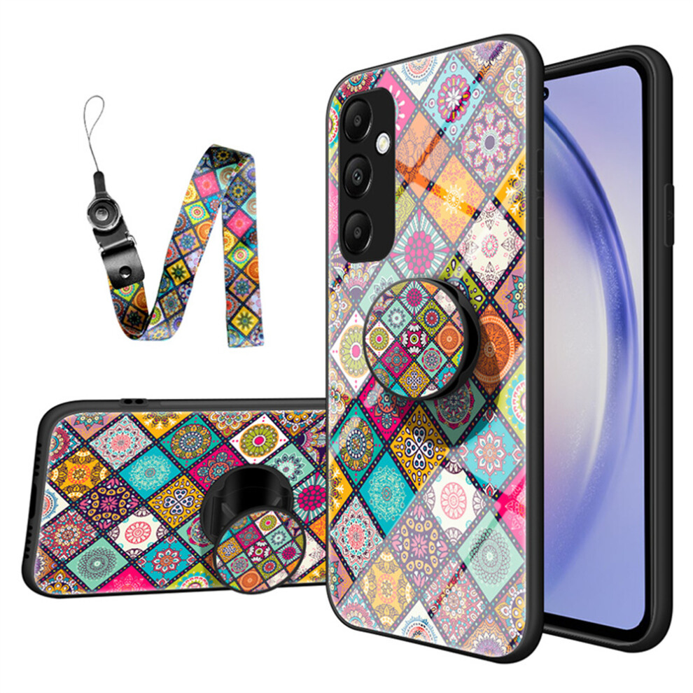 (Checkered Pattern) For Samsung Galaxy S24+ Case Kickstand Ethnic Pattern Tempered Glass Phone Cover With Strap 6914286302199