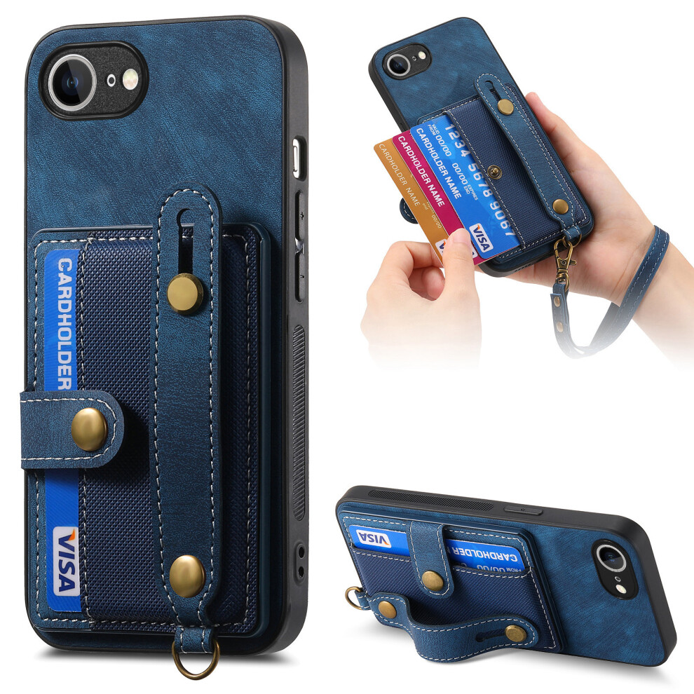 (Blue) For Iphone 16E Retro Pu Leather Back Cover With Card Holder And Wristband Kickstand Blue 6914281302682