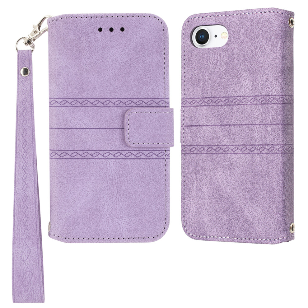(Purple) For Iphone 16E Case Wallet Skin-Touch Leather Imprinted Phone Cover Purple 6914287609709