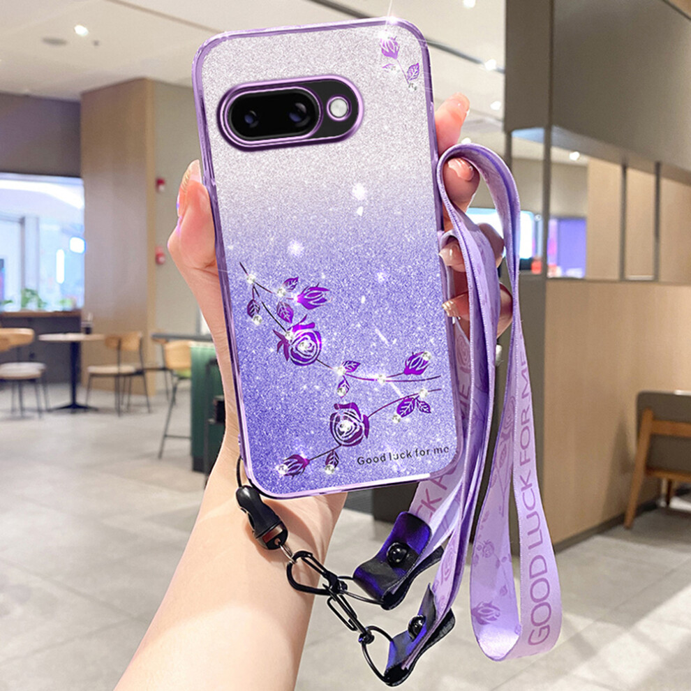 (Purple) For Google Pixel 9A Case Flower Pattern Tpu Gradient Phone Cover With Lanyards Purple 6914284703110