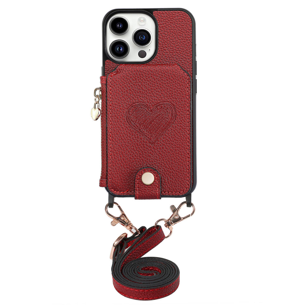 (Red) For Iphone 16 Pro Max Case Card Holder Kickstand Leather Back Cover With Shoulder Strap Red 6914285368370