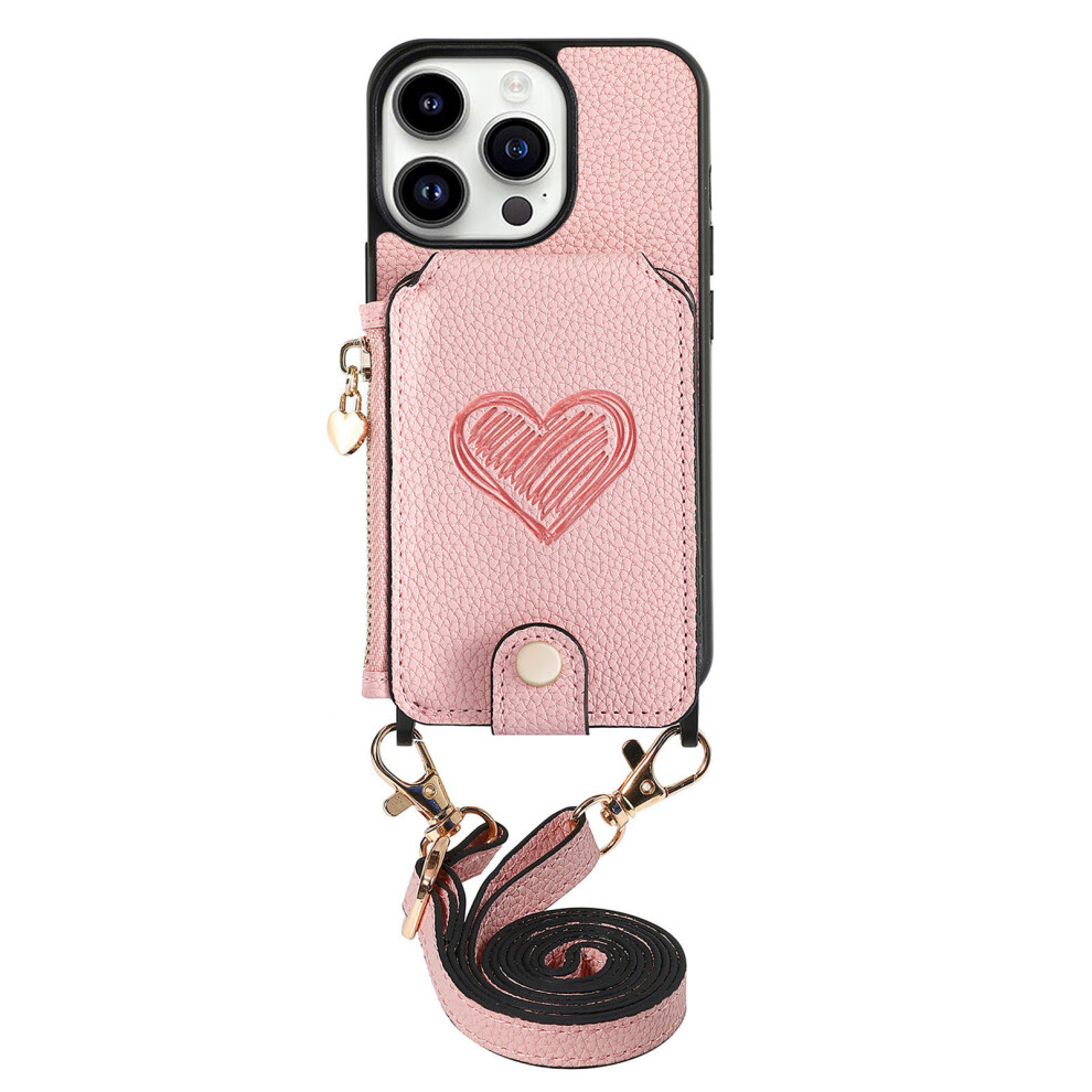 (Pink) For Iphone 16 Pro Max Case Card Holder Kickstand Leather Back Cover With Shoulder Strap Pink 6914282261803
