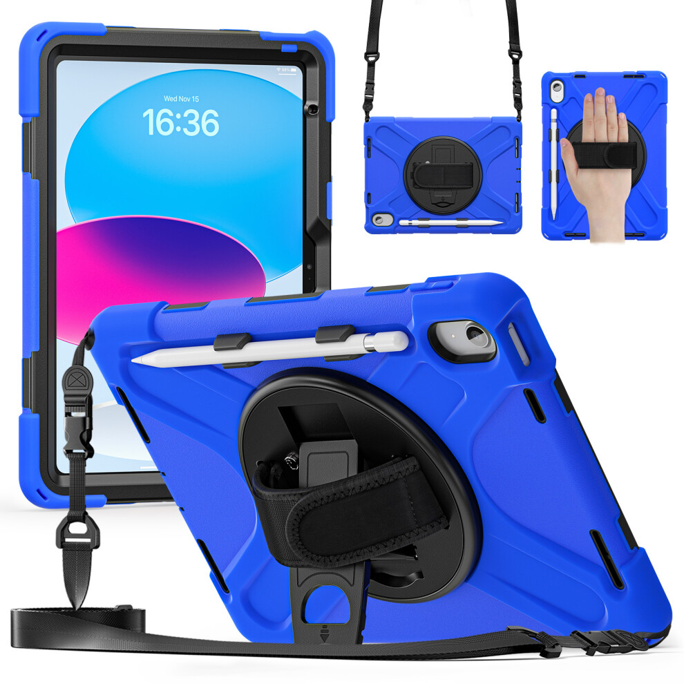 (Blue) For Ipad (2025) / 10.9 (2022) Case Hand Strap Kickstand Tpu Pc Silicone Tablet Cover With Shoulder Strap / Pen Slot Blue 6914280351438