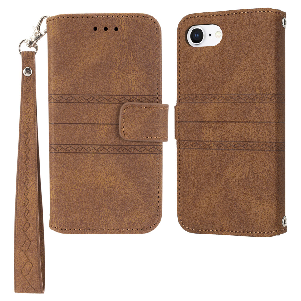 (Brown) For Iphone 16E Case Wallet Skin-Touch Leather Imprinted Phone Cover Brown 6914289896787