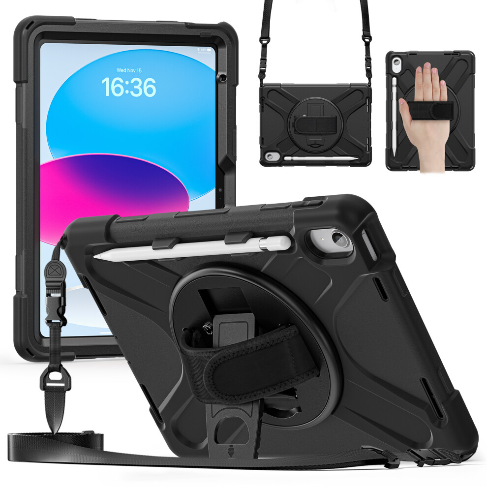 (Black) For Ipad (2025) / 10.9 (2022) Case Hand Strap Kickstand Tpu Pc Silicone Tablet Cover With Shoulder Strap / Pen Slot Black 6914288513357