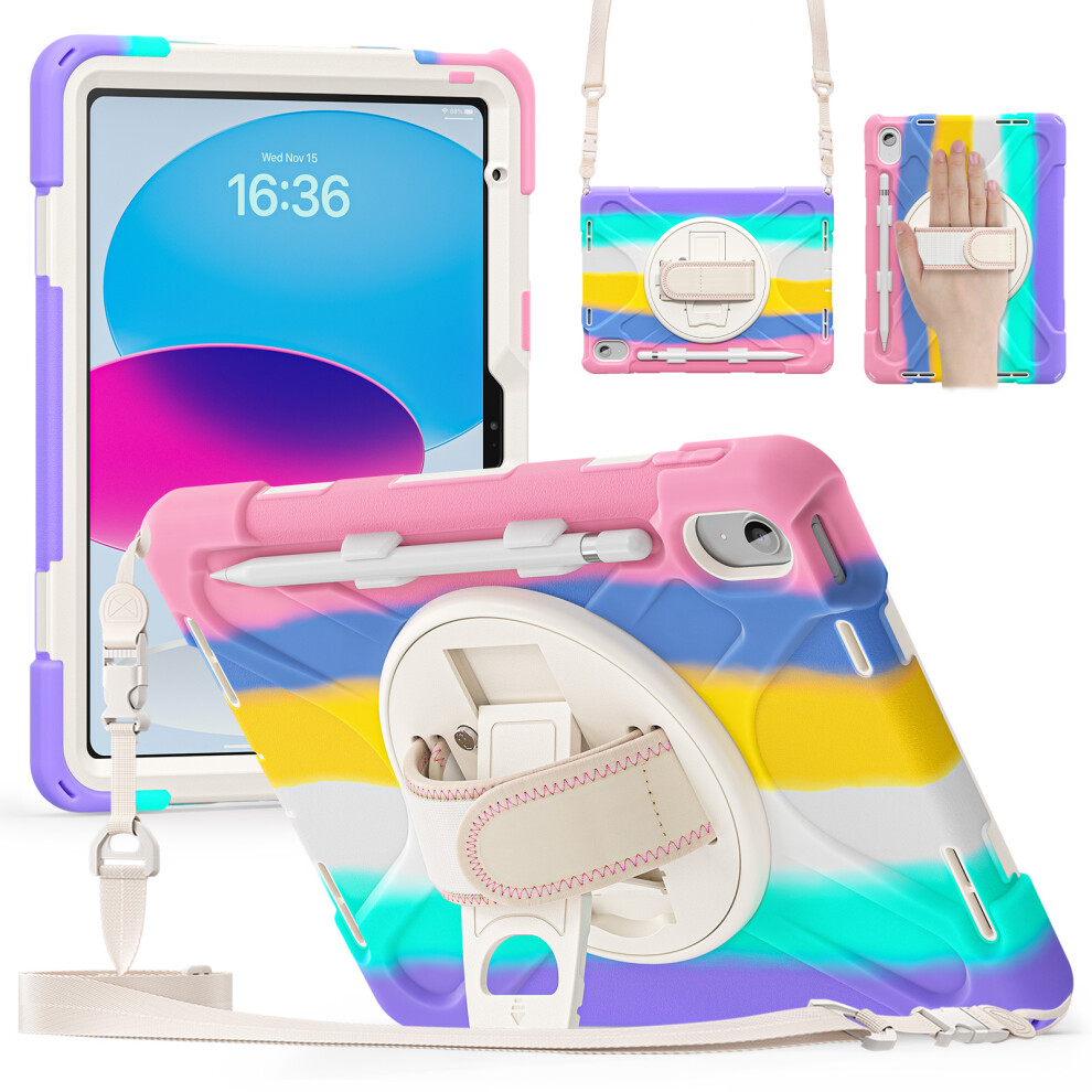(Colorful) For Ipad (2025) / 10.9 (2022) Case Hand Strap Kickstand Tpu Pc Silicone Tablet Cover With Shoulder Strap / Pen Slot 6914283929818