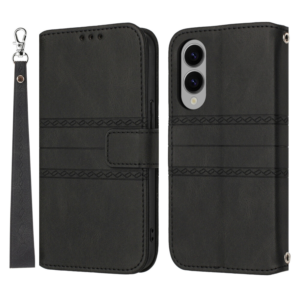 (Black) For Samsung Galaxy S25 Edge Case Wallet Skin-Touch Leather Imprinted Phone Cover Black 6914282609865