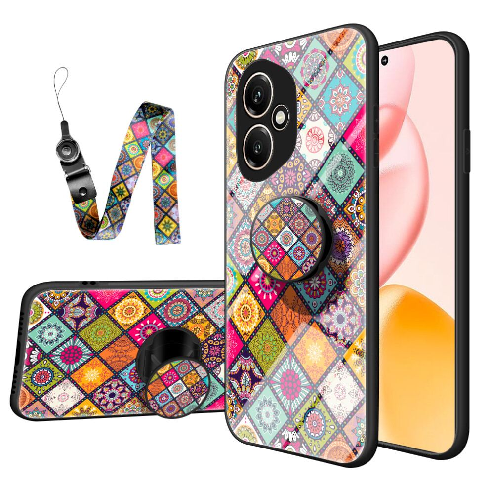 (Color Pattern) For Honor 400 5G (Global) Case Kickstand Ethnic Pattern Tempered Glass Phone Cover With Strap 6914280400044