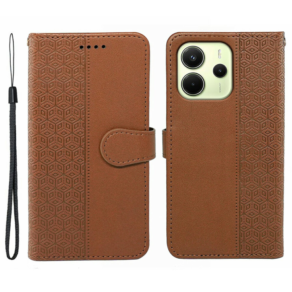 (Brown) For Xiaomi Redmi Note 14 4G (164.84Mm) Case Anti Scratch Splicing Imprinted Rhombus Leather Phone Cover With Hand Strap Brown 6914289063325