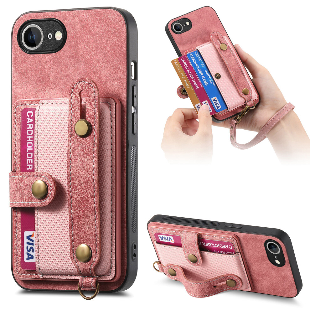 (Pink) For Iphone 16E Retro Pu Leather Back Cover With Card Holder And Wristband Kickstand Pink 6914280342917