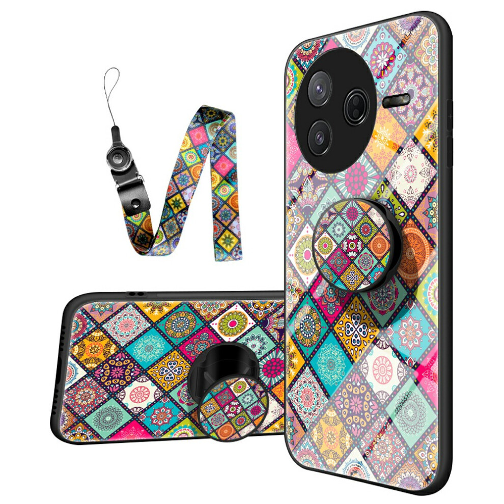 (Checkered Pattern) For Xiaomi Poco F7 Pro 5G / Redmi K80 5G Case Kickstand Ethnic Pattern Tempered Glass Phone Cover With Strap 6914283583843