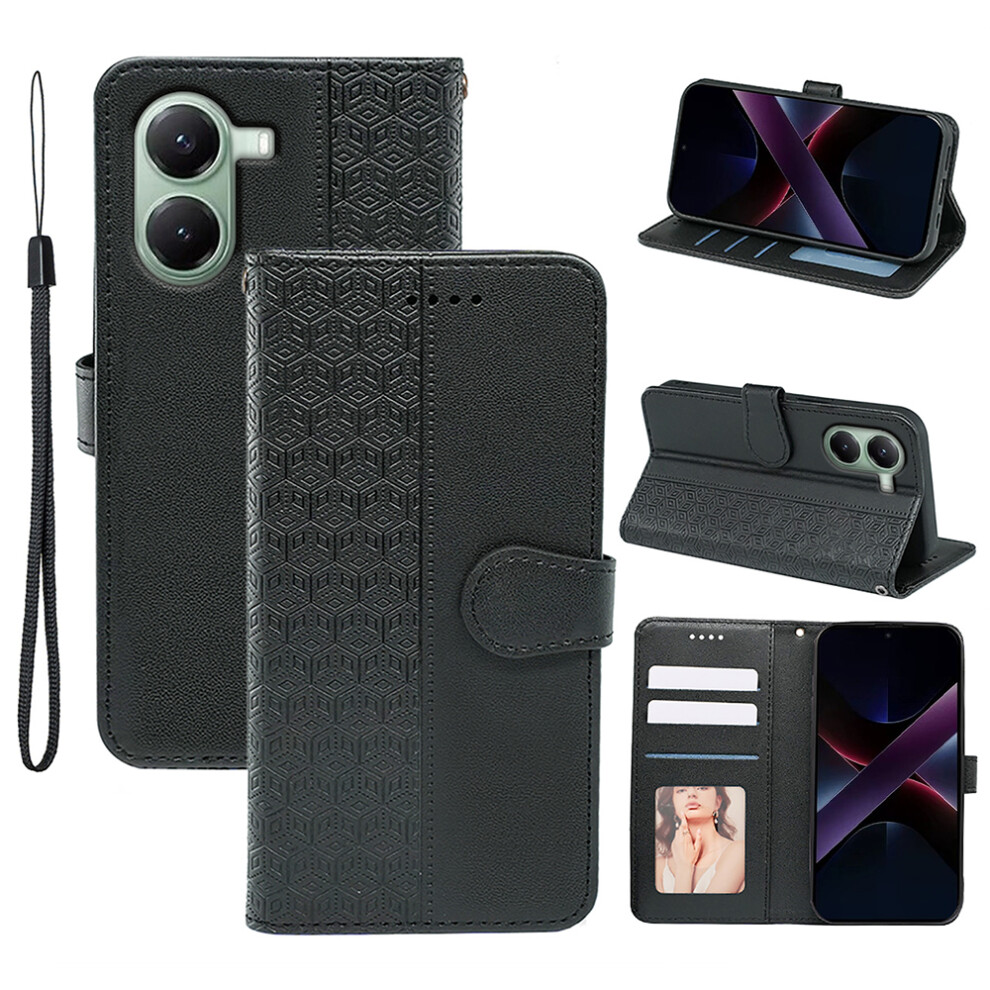 (Black) For Xiaomi Redmi Turbo 4 5G / Poco X7 Pro 5G Case Anti Scratch Splicing Imprinted Rhombus Leather Phone Cover Black 6914285690815
