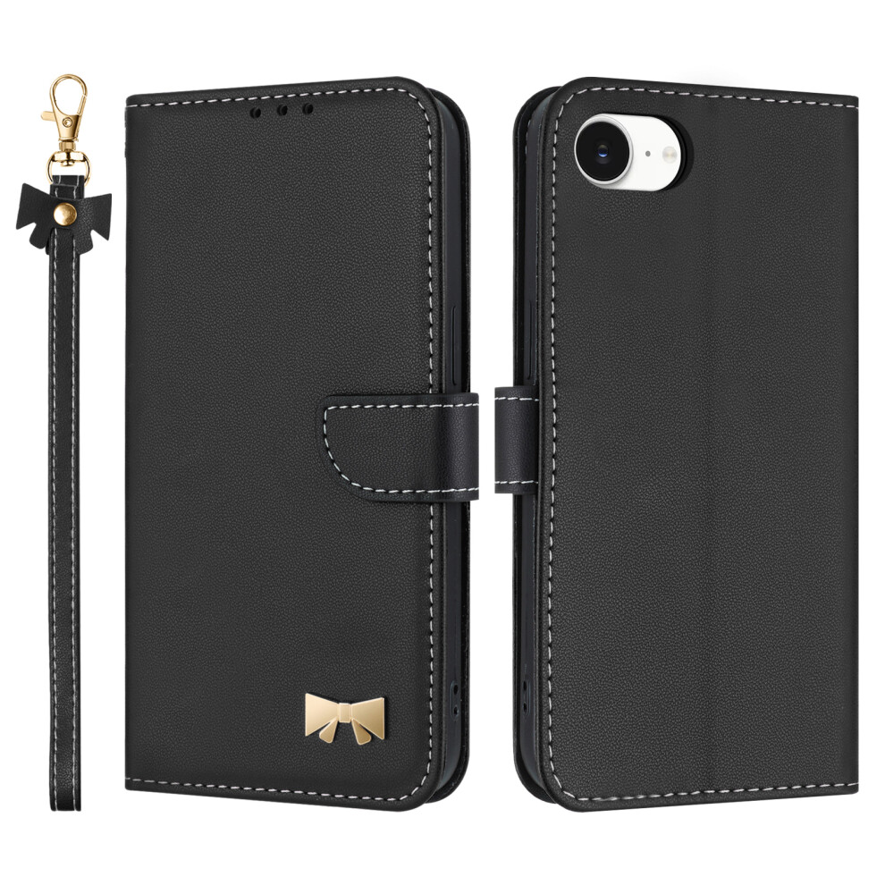 (Black) For Iphone 16E Case Bowknot Decor Wallet Leather Phone Cover With Wrist Strap Black 6914284220372