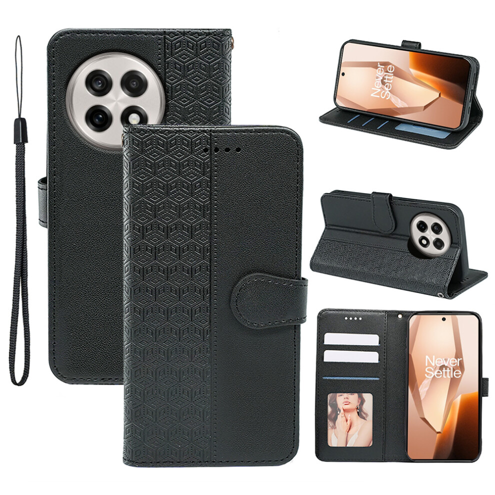 (Black) For Oneplus 13 Case Anti Scratch Splicing Imprinted Rhombus Leather Phone Cover Black 6914280660882