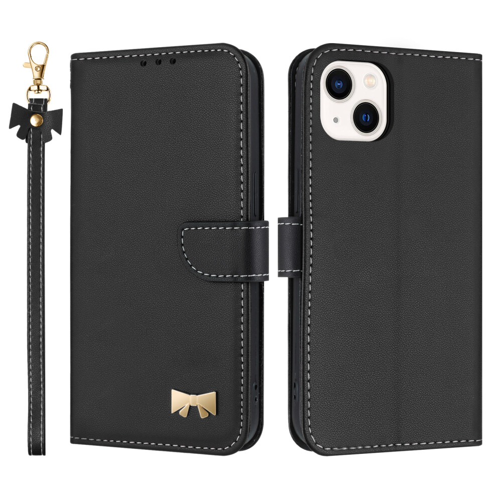 (Black) For Iphone 14 / 13 Case Bowknot Decor Wallet Leather Phone Cover With Wrist Strap Black 6914281140840